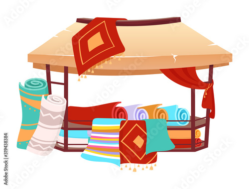 Souk trade tent with handmade turkish carpets cartoon vector illustration. Eastern marketplace awning, canopy with persian rugs, kilims flat color object. Asian fair marquee isolated on white