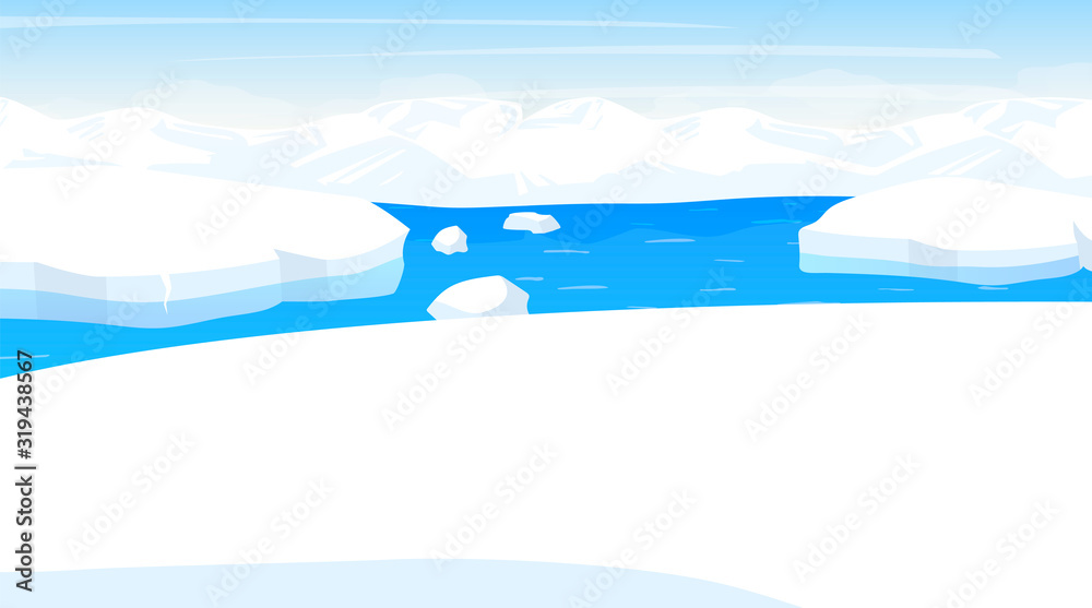 North pole flat vector illustration. Antarctic landscape. Northern sea with  iceberg. Panoramic snowy land with ocean. Polar cold scene. Nordic surface.  Frost fjord. Alaska. Arctic cartoon background Stock Vector | Adobe Stock