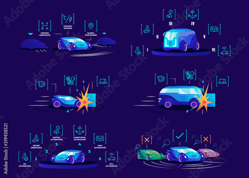 Driverless cars flat color vector illustrations set. Self driving vehicles on blue background. Autonomous automobile advantages, smart control systems, different automation modes and damage protection