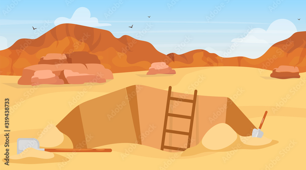 Vettoriale Stock Excavation flat vector illustration. Archaeological site,  search for artifacts. Digging with shovels. Egyptian desert exploration.  Miner hole in Africa. Expedition cartoon background | Adobe Stock