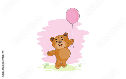 Cute teddy bear holding a balloon with a white background