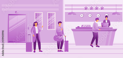 Hotel reception flat vector illustration. People with baggage waiting for check in. Receptionist at front desk registrating guests in lobby. Tourists with suitcases cartoon characters