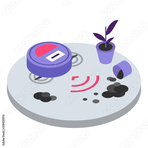 Robotic vacuum cleaner isometric color vector illustration. Modern autonomous household equipment, smart technology. Broken domestic appliance 3d concept isolated on white background