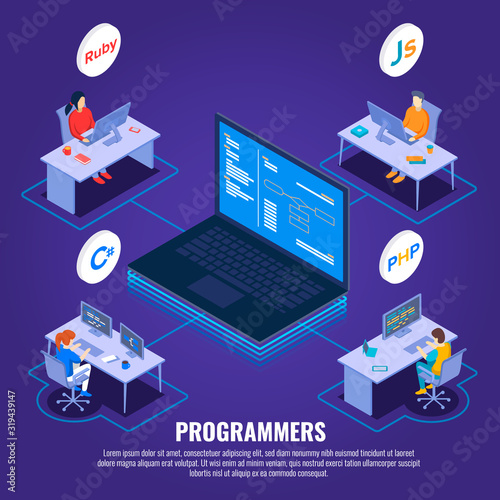 Programming isometric web banner vector template. Coding languages, software development tools courses 3d concept illustration for social media post. Programmers, developers and coders team