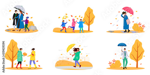 Walking people with umbrellas flat color vector faceless characters set. Autumn nature. Rainy day. Wet weather. Caucasian humans. Men and women isolated cartoon illustrations on white background