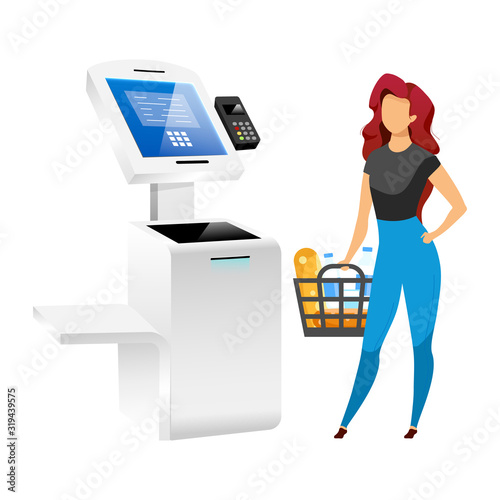 Woman with store terminal flat color vector faceless character. Supermarket payment system isolated cartoon illustration on white background. Self service technology. Contactless pay technology