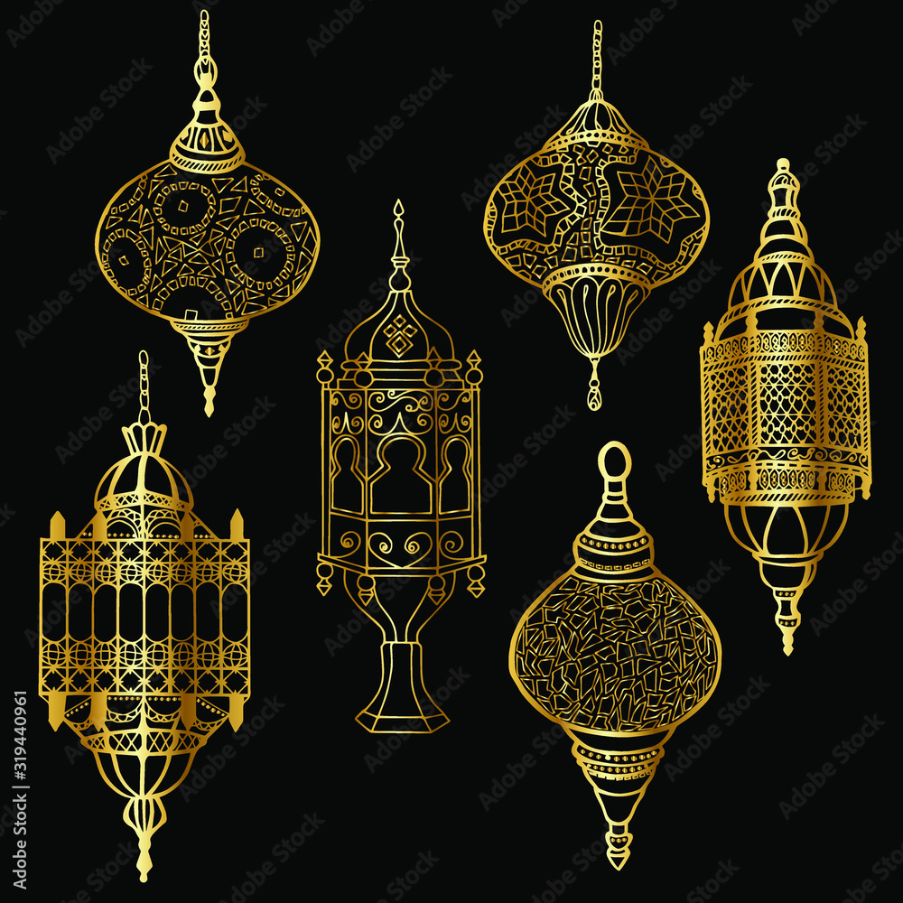 Golden lanterns for the holiday of Ramadan. Stock illustration