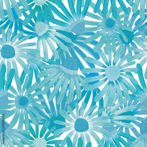 Blue echinacea flowers wall background. Hand painted seamless vector pattern creating a loose weave effect. For summer, vacation health and beauty products, packaging, texture, stationery, fabric