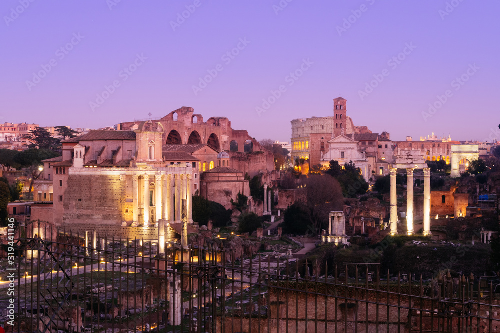 Rome, Italy - Jan 1, 2020: Roman Forum during dusk, Rome, Italy