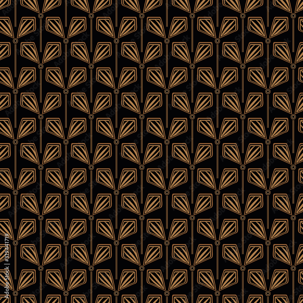 Art deco floral stylized geometric pattern in black and gold. Decorative ornamental surface print design. Great for fabrics, stationery and packaging.