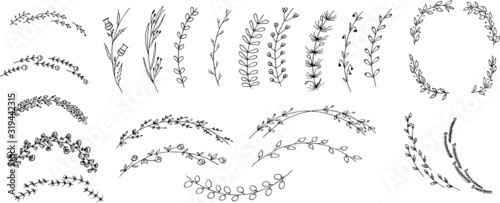 Floral and herbal wreaths set. Different hand drawn floral branches. 