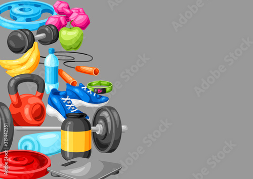 Background with fitness equipment.