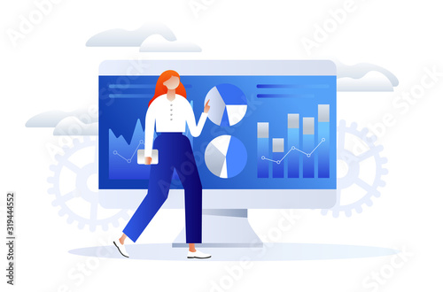 Website analysis. SEO reports analytics. Pie charts, diagrams, computer monitor screen. 