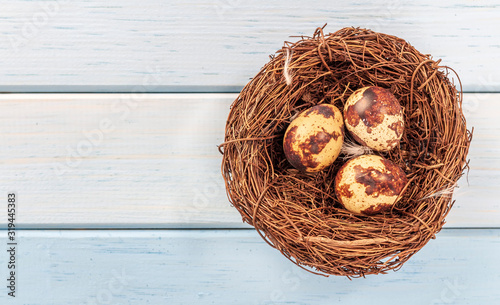 Quail eggs in the nest, Diet food, natural product. holy easter. Space for text on a blue wooden background, Rustic style.