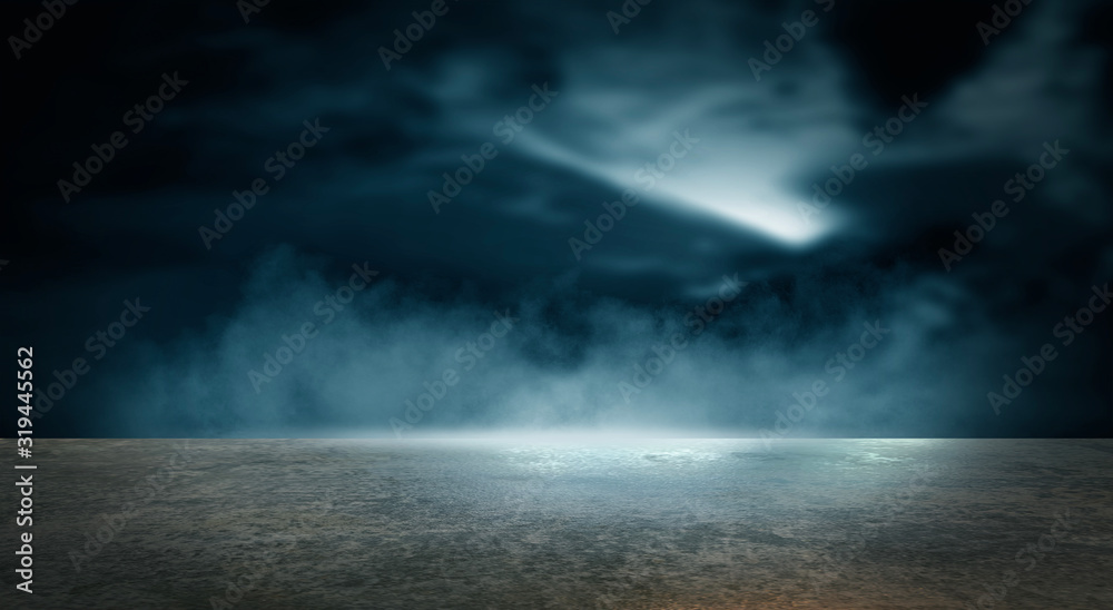 Futuristic empty night scene. Empty street scene background with abstract spotlights light. Night view of street light reflected on water. Rays through the fog. Smoke, fog, wet asphalt with reflection