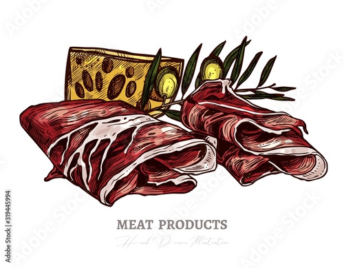 Sketch of tasty slices of meat, smoked pork or spanish jamon with olive and cheese. Vector colorful hand drawn illustration of finger food