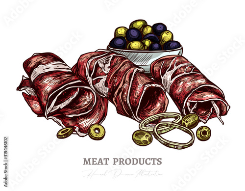 Sketch of tasty wrap slices of meat, smoked pork or spanish jamon with olive. Vector colorful hand drawn illustration of finger food