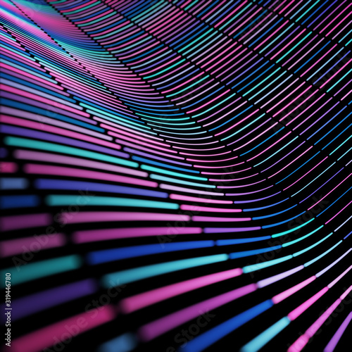 Seamless horizontal neon color striped pattern. Print neon shining at the rainbow room. Ink paint brush line with torn paper effect on black background. Modern material style in green, purple, pink.