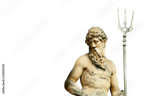 The mighty god of sea and oceans Neptune  Poseidon . The ancient statue isolated on white background.