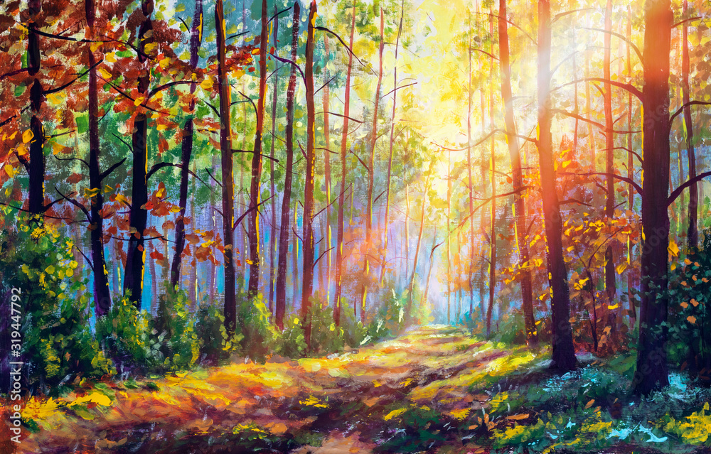 Oryginalny obraz olejny wspaniały las jesienią, malowniczy krajobraz z piękną ciepłą, słoneczną sztuką <span>plik: #319447792 | autor: weris7554</span>