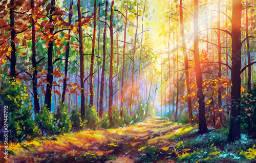 Plakat Oryginalny obraz olejny wspaniały las jesienią, malowniczy krajobraz z piękną ciepłą, słoneczną sztuką