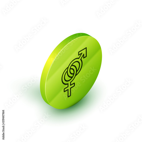 Isometric line Gender icon isolated on white background. Symbols of men and women. Sex symbol. Green circle button. Vector Illustration photo