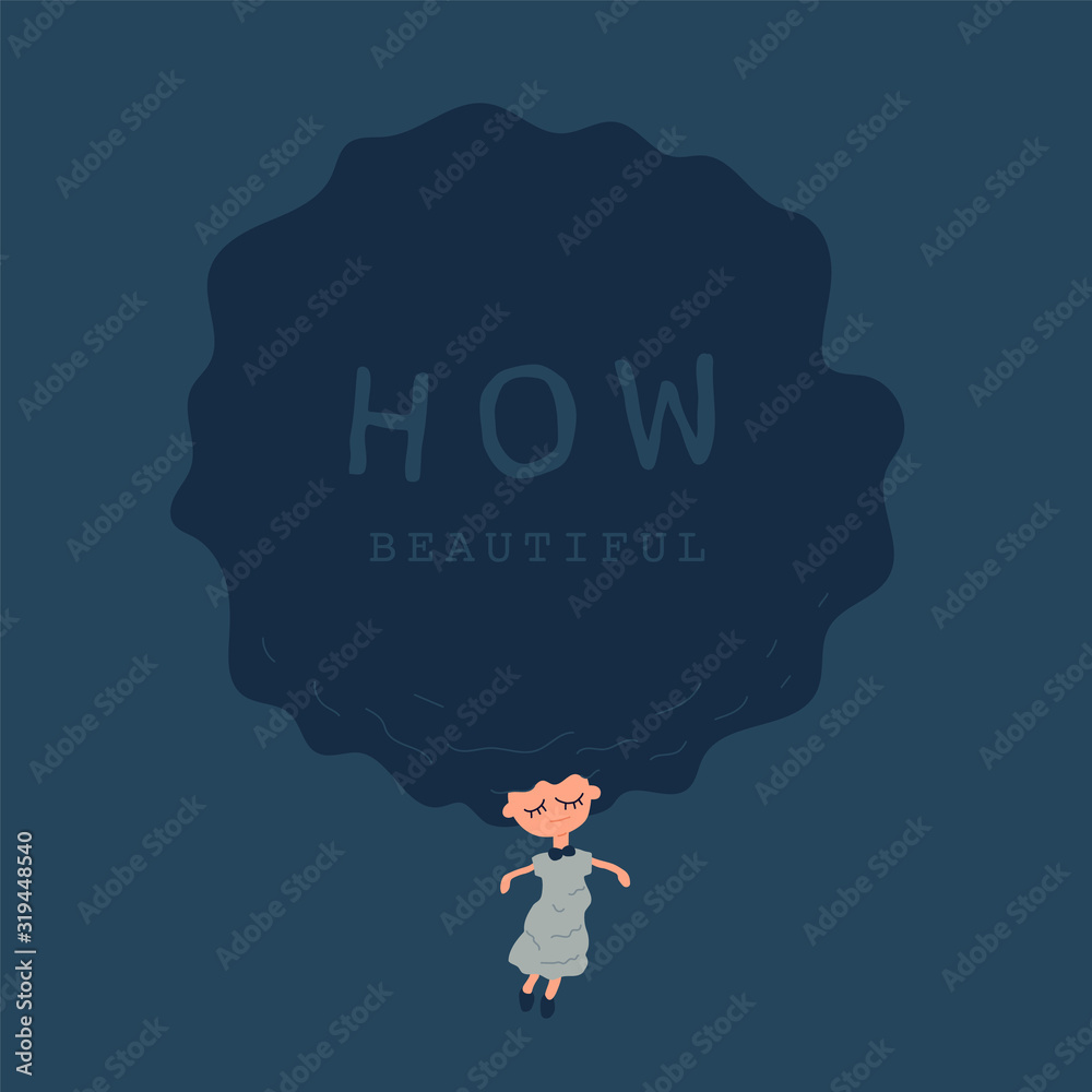 Dreamy woman flies. Cute girl with flowing hair and closed eyes. Inspirational concept Girl and Dreams. Vector illustration in flat cartoon style.