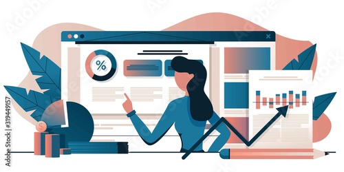 Blogging channel about business, data analysis, finance, economics. Blogger coach recording educational video lesson, podcast. Online training, streaming video player. Flat cartoon vector illustration