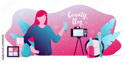 Girl recording cosmetics production review, streaming live, video content creation. Beauty fashion blogger, online beauty consultant blog, makeup and skincare tips. Vector flat concept illustration.