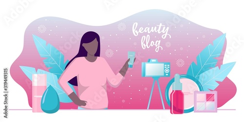 Girl recording cosmetics production review, streaming live, video content creation. Beauty fashion blogger, online beauty consultant blog, makeup and skincare tips. Vector flat concept illustration.