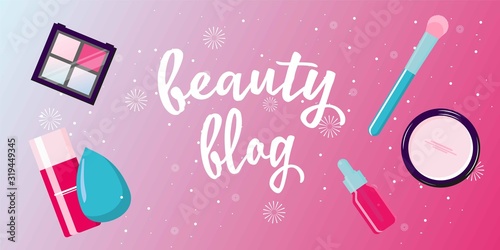 recording cosmetics production review, streaming live, video content creation. Beauty fashion blogger, online beauty consultant blog, makeup and skincare tips. Vector flat concept illustration.