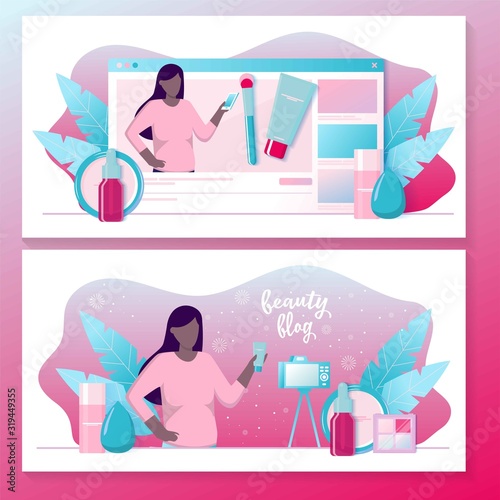 Girl recording cosmetics production review, streaming live, video content creation. Beauty fashion blogger, online beauty consultant blog, makeup and skincare tips. Vector flat concept illustration.