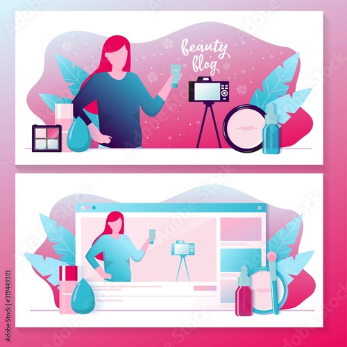 Girl recording cosmetics production review, streaming live, video content creation. Beauty fashion blogger, online beauty consultant blog, makeup and skincare tips. Vector flat concept illustration.