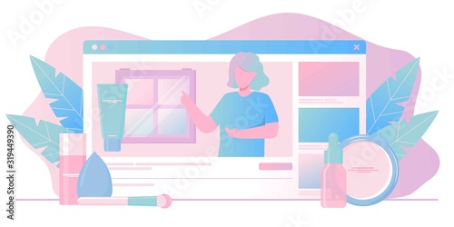 Girl recording cosmetics production review, streaming live, video content creation. Beauty fashion blogger, online beauty consultant blog, makeup and skincare tips. Vector flat concept illustration.