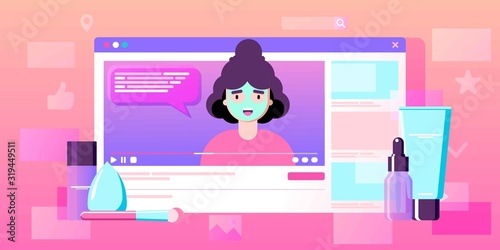 Girl recording cosmetics production review, streaming live, video content creation. Beauty fashion blogger, online beauty consultant blog, makeup and skincare tips. Vector flat concept illustration.