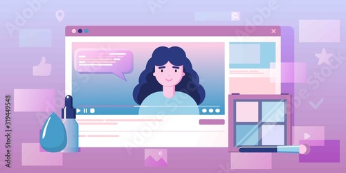 Girl recording cosmetics production review, streaming live, video content creation. Beauty fashion blogger, online beauty consultant blog, makeup and skincare tips. Vector flat concept illustration.