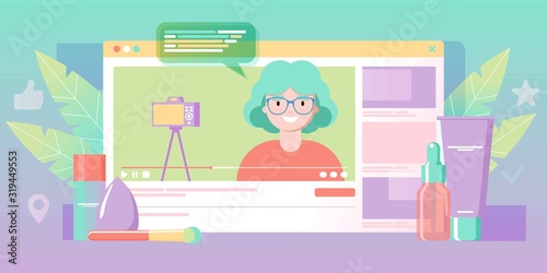 Girl recording cosmetics production review, streaming live, video content creation. Beauty fashion blogger, online beauty consultant blog, makeup and skincare tips. Vector flat concept illustration.