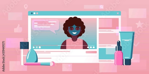 Girl recording cosmetics production review, streaming live, video content creation. Beauty fashion blogger, online beauty consultant blog, makeup and skincare tips. Vector flat concept illustration.