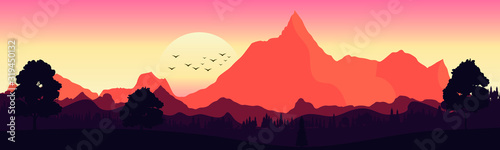 Summer landscape with high mountains and forest in several layers in the evening in warm colors. Vector illustration flat design. The sun sets over the mountains.