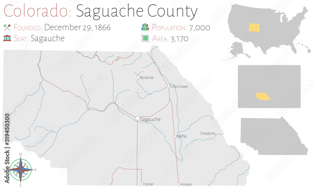 Large and detailed map of Saguache county in Colorado, USA.