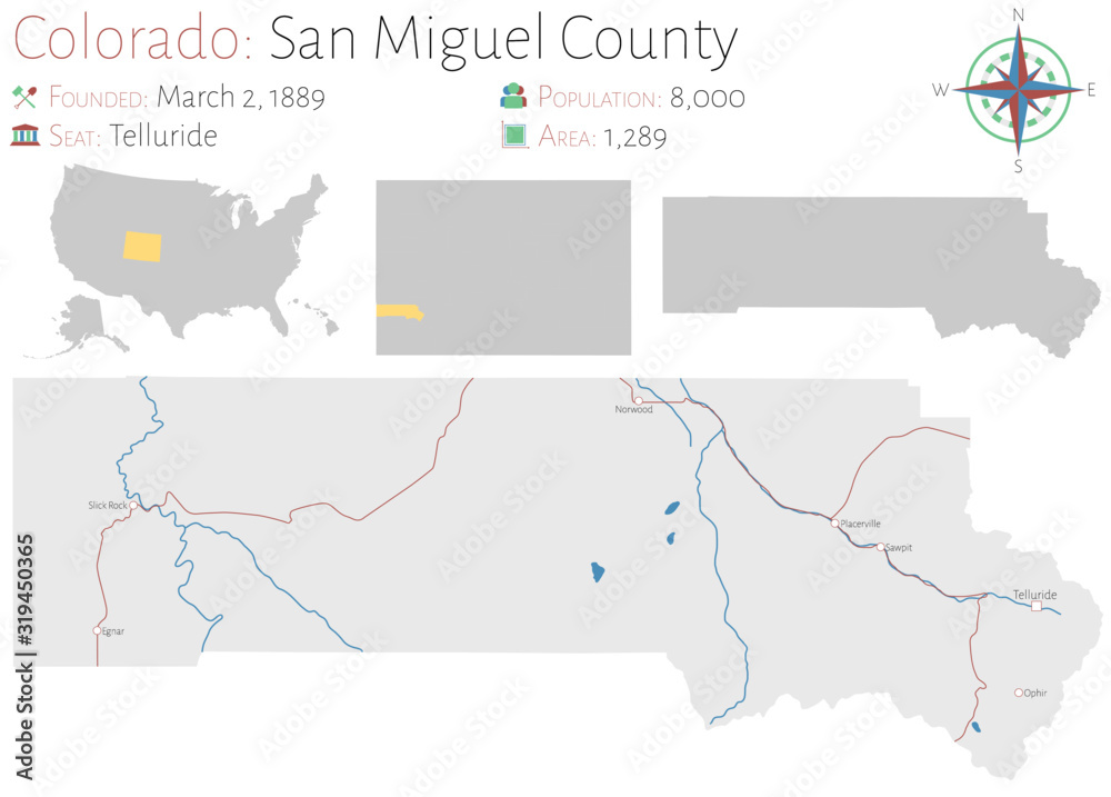 Large and detailed map of San Miguel county in Colorado, USA.