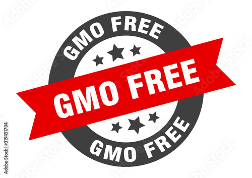 gmo free sign. gmo free round ribbon sticker. gmo free tag