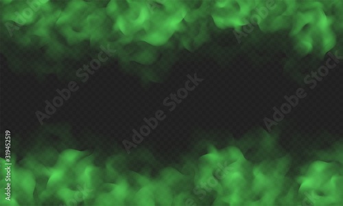Green fog, bad smell or toxic smoke cloud isolated on transparent background. Realistic smog, haze, mist or cloudiness effect. Realistic vector illustration.