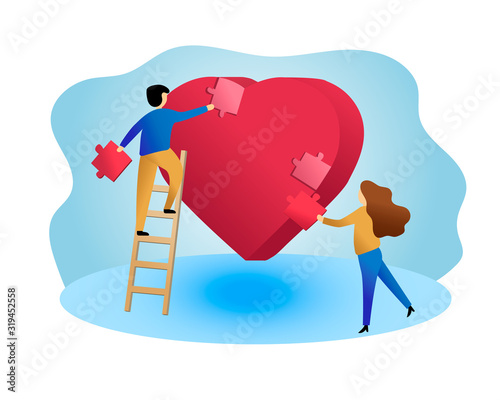 A girl and a guy are repairing their heart. Romantic illustration in flat and isometric style