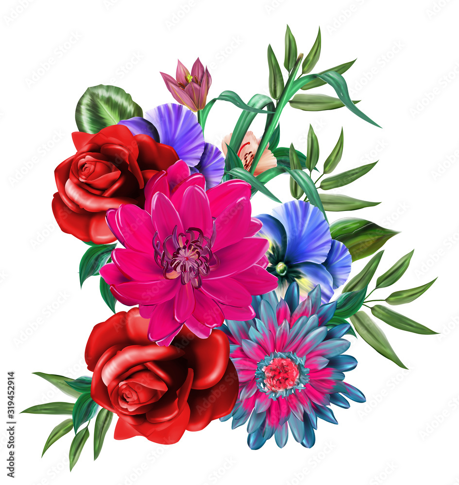 Obraz premium floral illustration - bouquet with bright pink vivid flowers, green leaves, for wedding stationary, greetings, wallpapers, fashion, backgrounds, textures, DIY, wrappers, cards.