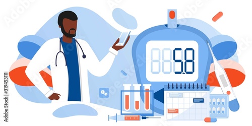 Medicine diabetes type 2 concept. Glucometer for measuring sugar level. Blood glucose meter, pills, syringe and vial, insulin production. Doctor with laboratory test equipment. Vector banner template
