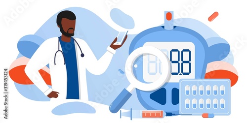 Medicine diabetes type 2 concept. Glucometer for measuring sugar level. Blood glucose meter, pills, syringe and vial, insulin production. Doctor with laboratory test equipment. Vector banner template