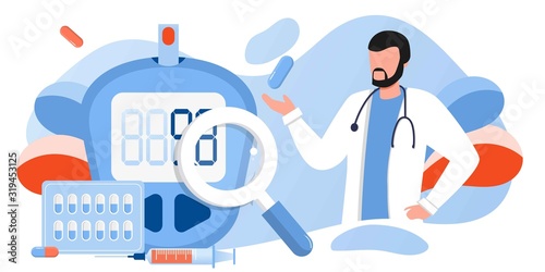 Medicine diabetes type 2 concept. Glucometer for measuring sugar level. Blood glucose meter, pills, syringe and vial, insulin production. Doctor with laboratory test equipment. Vector banner template
