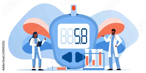 Medicine diabetes type 2 concept. Glucometer for measuring sugar level. Blood glucose meter, pills, syringe and vial, insulin production. Doctor with laboratory test equipment. Vector banner template