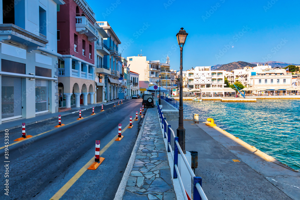 Morning view of Agios Nikolaos streets. Picturesque town of the island Crete, Greece. Image